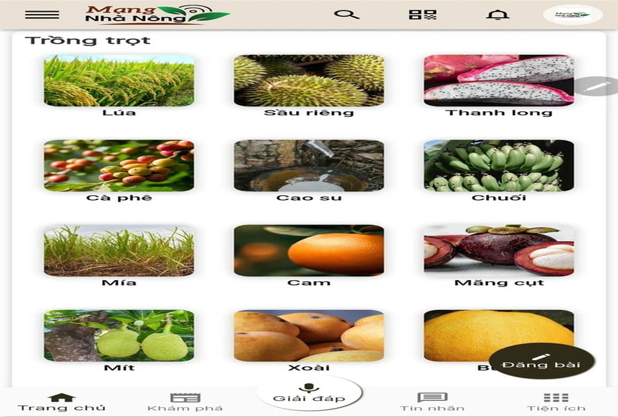 Giao diện chính thức của nền tảng Mạng nhà nông trên điện thoại di động thông minh